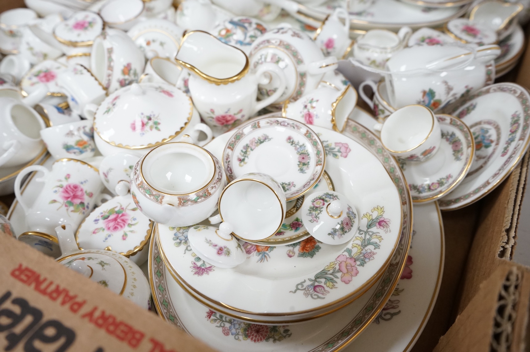 A large collection of Wedgwood and Coalport miniature tea wares, largest piece 24cm wide